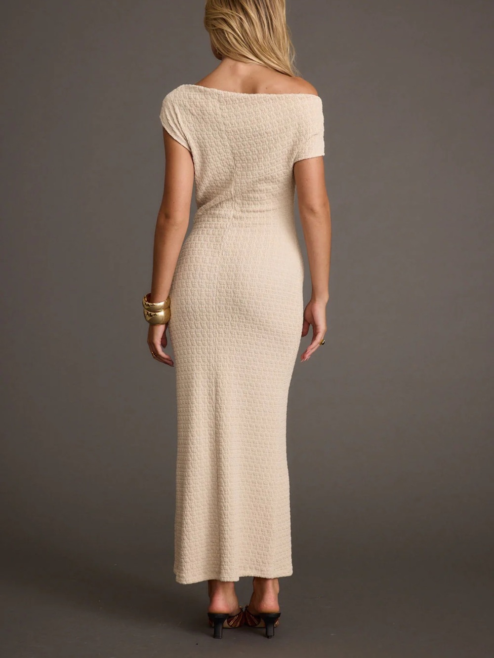 12th Tribe Cream Asymmetrical Off-Shoulder Textured Dress - Picture 4 of 6
